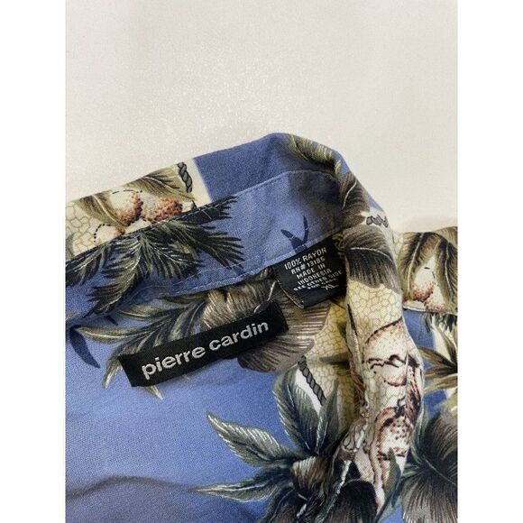 VINTAGE Pierre Cardin Hawaiian Shirt Men XL Floral Print Blue Short Sleeve - Picture 6 of 7
